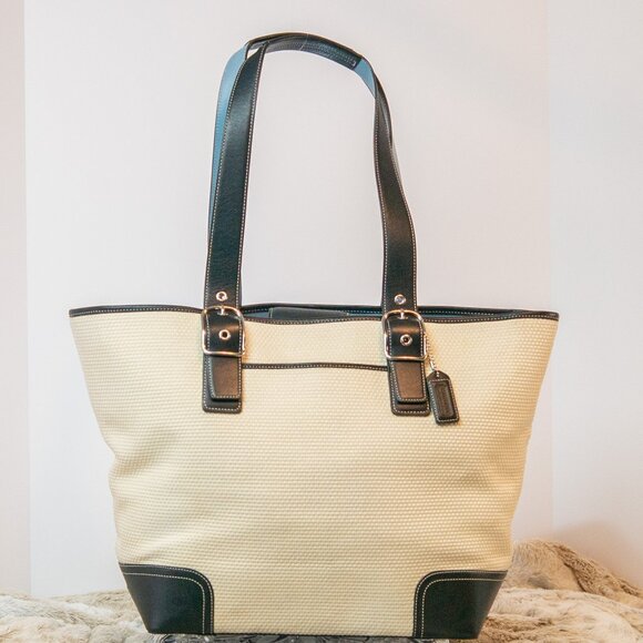 Large Coach Hampton Woven Ivory Straw and Black/Blue Leather Tote Bag B04K-4469 - Picture 1 of 13